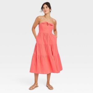 Coral Strapless Tiered Dress